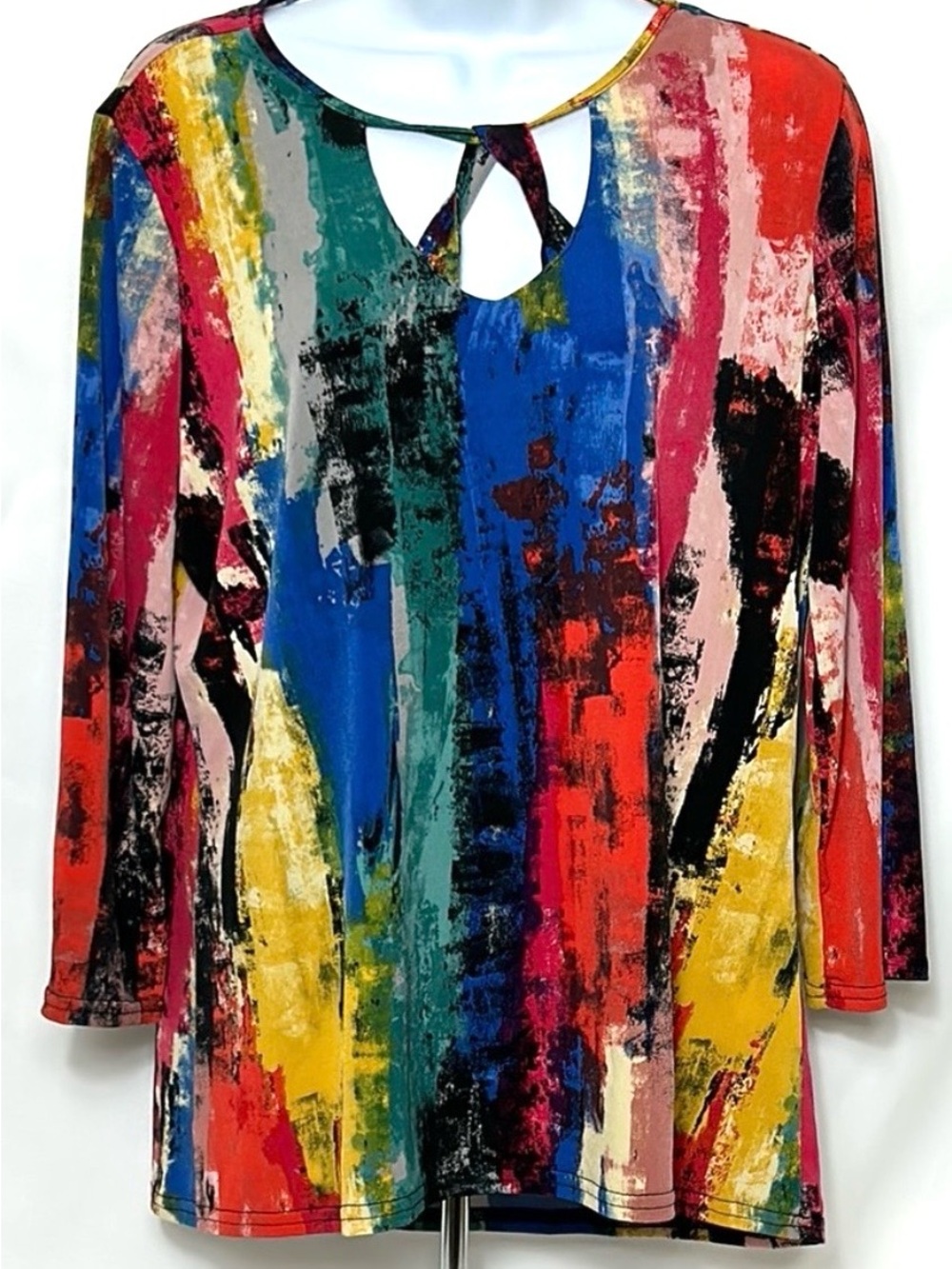 Sunny Leigh Women’s Large Multicolor Abstract Paint Spandex Fabric Blouse